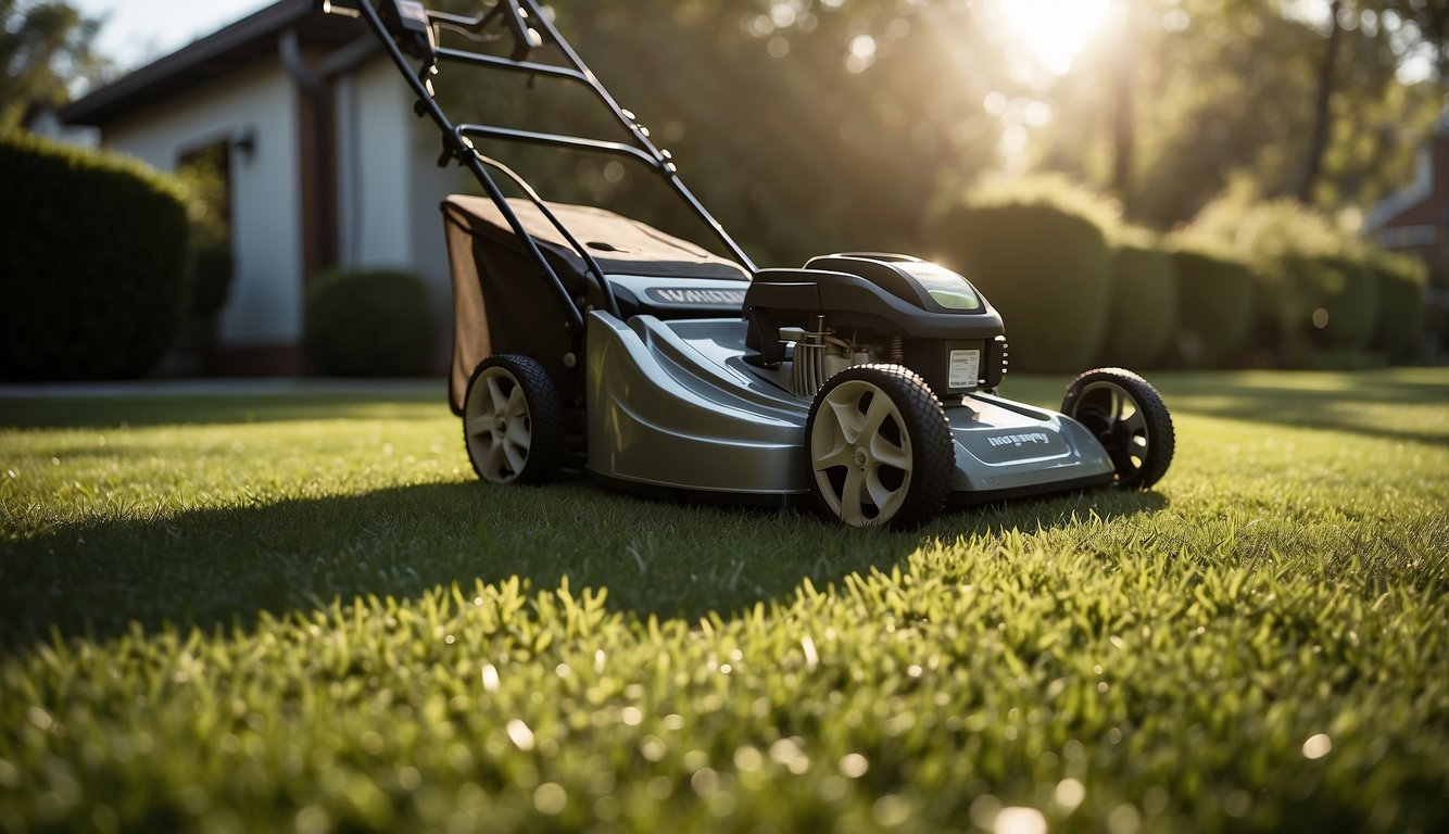 A freshly dethatched lawn with clean, evenly spaced grass blades. A lawnmower and rake sit nearby, ready for use. The sun shines down, casting shadows on the neatly manicured yard