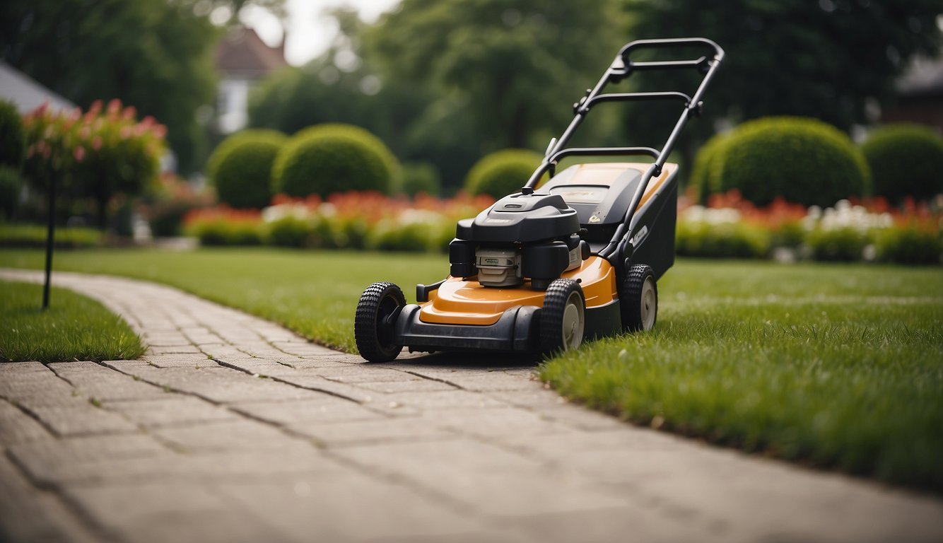 A lawnmower cutting grass, leaving neat lines. An edger creating clean edges along the sidewalk and flower beds