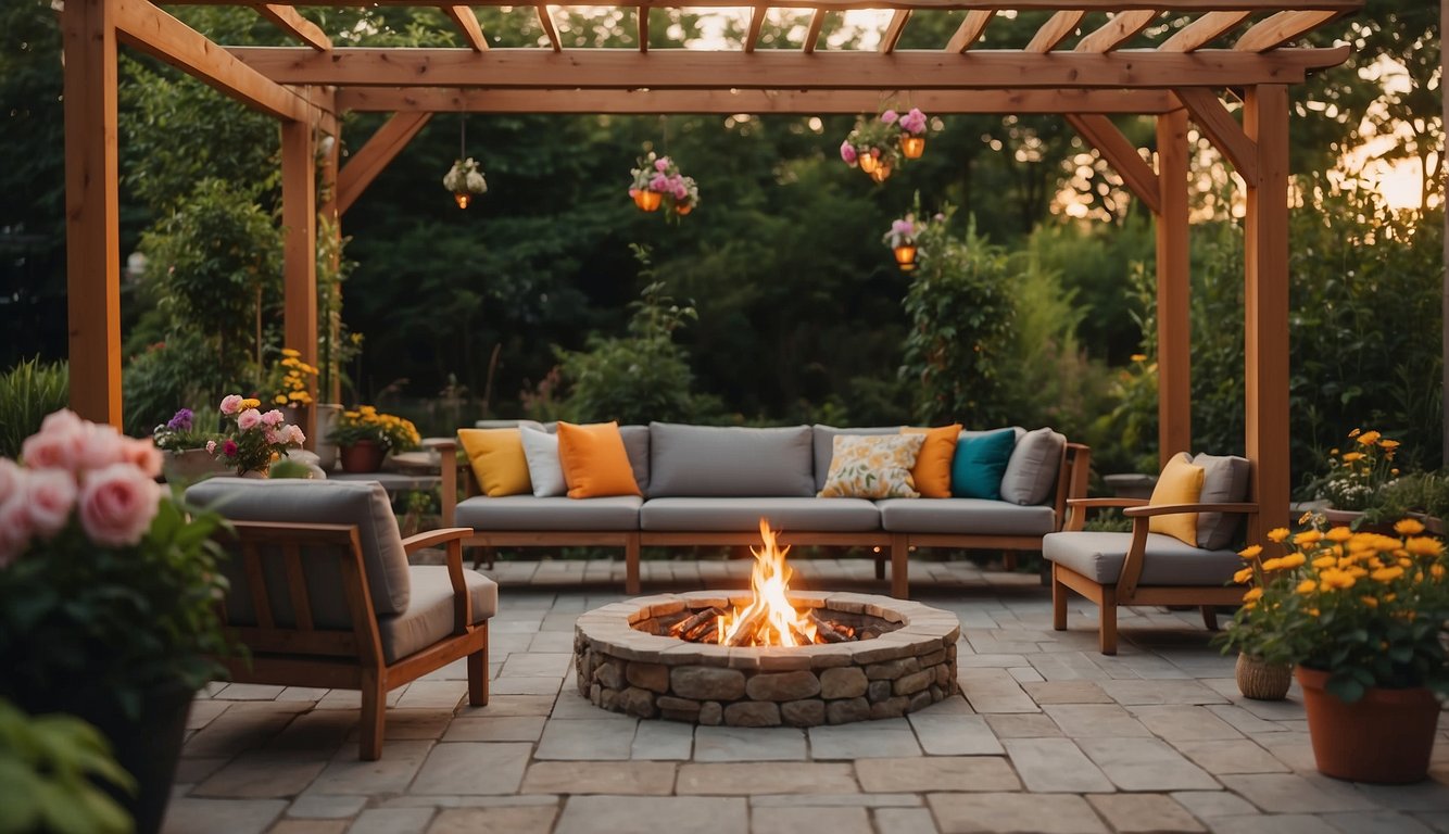 A spacious backyard with a cozy seating area surrounded by lush greenery and colorful flowers. A pergola provides shade, while a fire pit adds warmth for evening gatherings