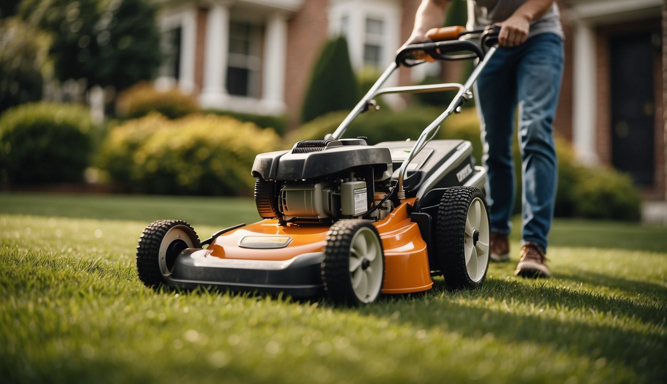 A lawnmower and edger cutting grass in a neatly manicured yard