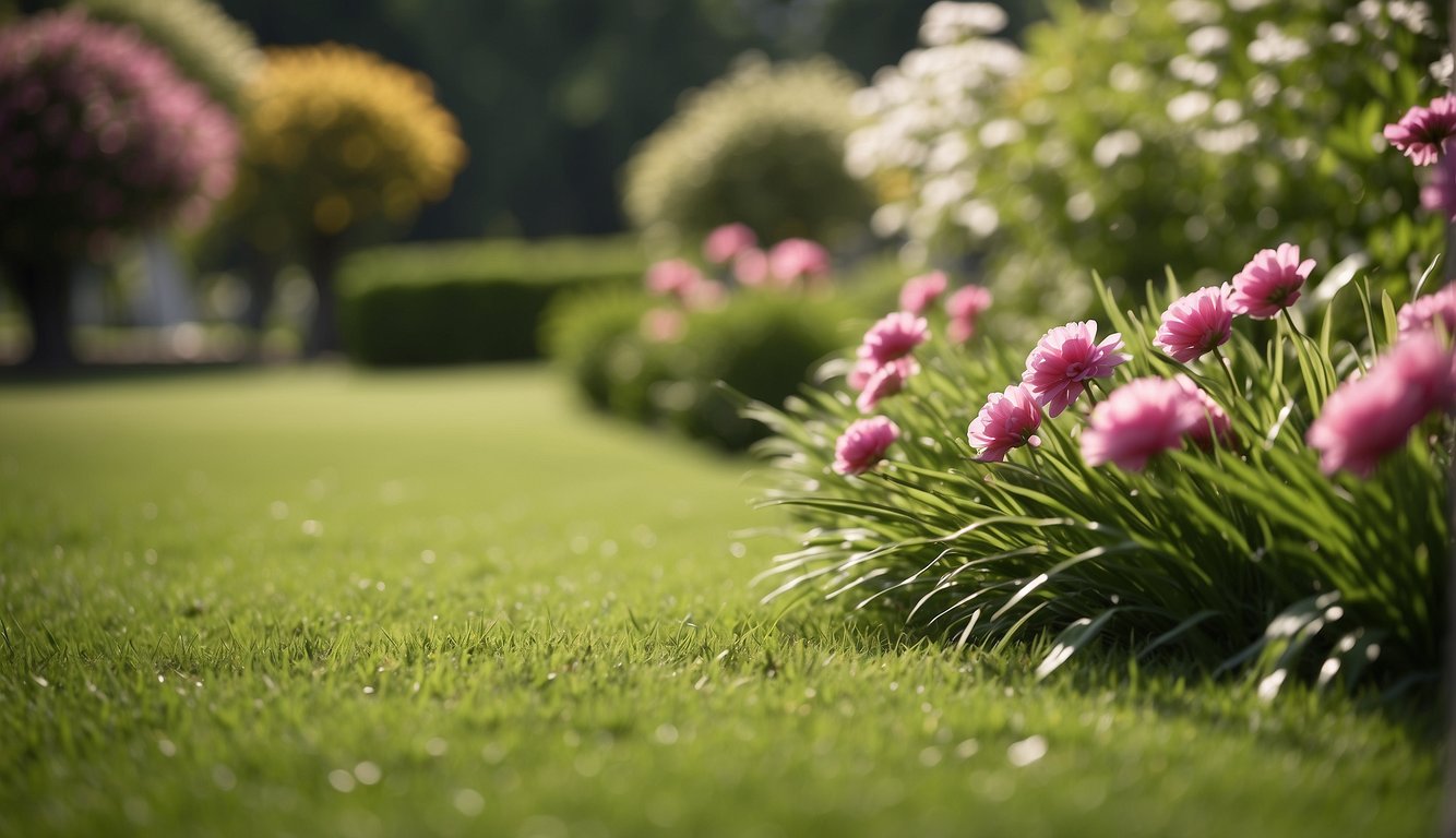 A neatly manicured lawn with freshly cut grass and crisp, clean edges, surrounded by blooming flowers and lush greenery