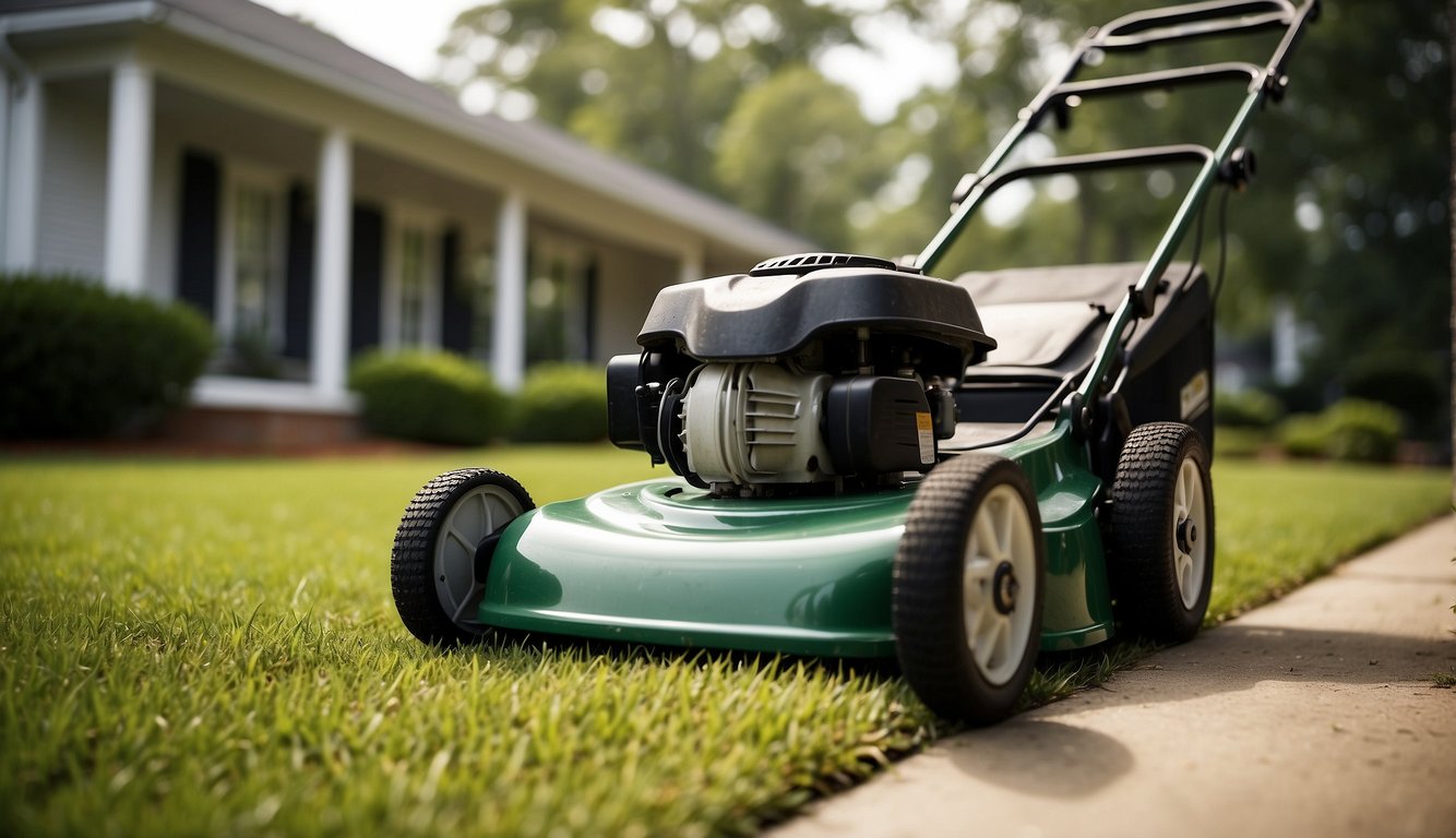 A lawn mower and edger in action on a well-maintained yard in Tuscaloosa, AL. The equipment creates clean lines and a neatly manicured lawn