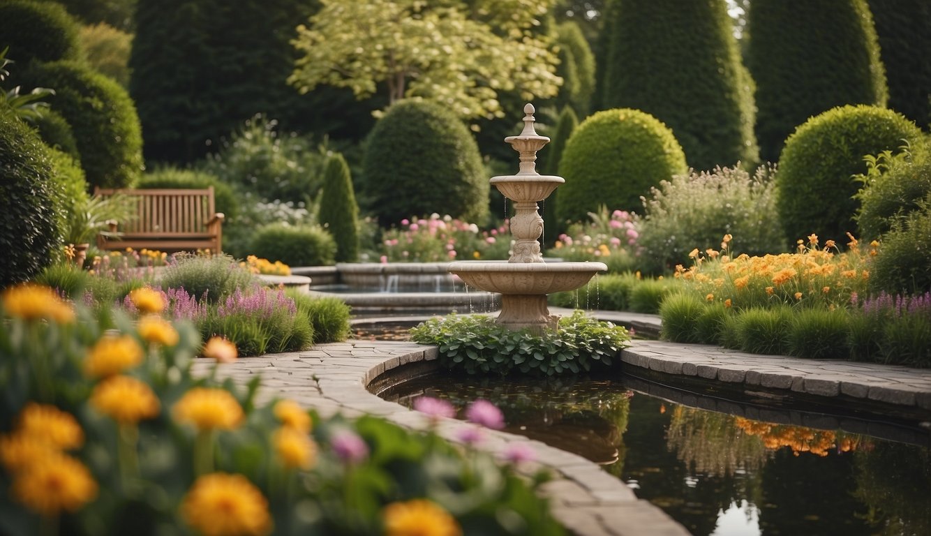 A lush garden with colorful flowers, neatly trimmed hedges, and a winding stone pathway. A small pond with a fountain and strategically placed outdoor furniture