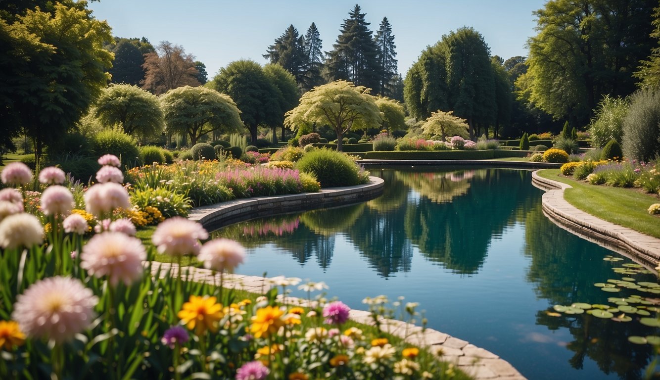 A lush garden with colorful flowers, manicured lawns, and winding pathways leading to a grand estate. A serene pond reflects the clear blue sky