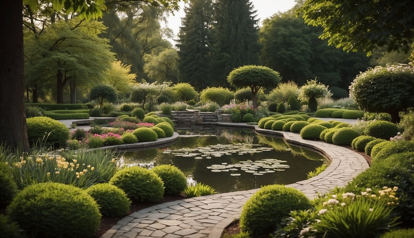 A lush garden with winding pathways, vibrant flowers, and manicured shrubs, framed by tall trees and a serene pond
