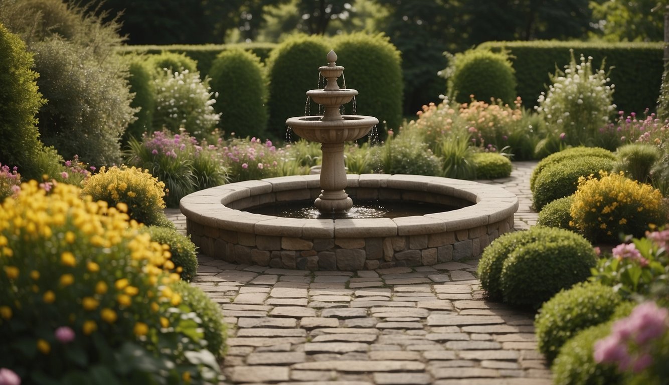 A lush garden with vibrant flowers and neatly trimmed hedges. A winding stone pathway leads to a cozy outdoor seating area surrounded by blooming plants. A small fountain adds a tranquil touch to the serene landscape