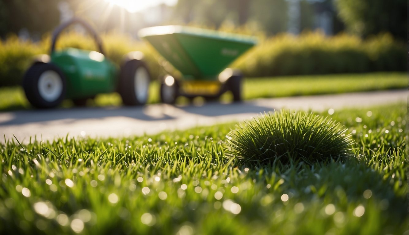 A lush green lawn with uniform grass height, scattered fertilizer pellets, and a professional-looking fertilizer spreader nearby. The sun is shining, and there are no weeds or brown patches in sight
