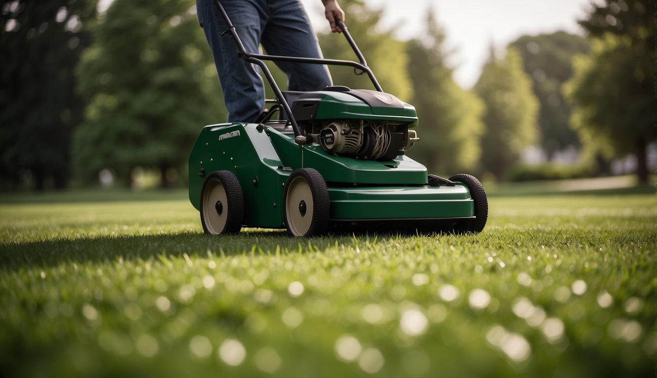 A lawn aerator machine is in action, creating evenly spaced holes in the grass. The landscaper's logo is visible on the equipment