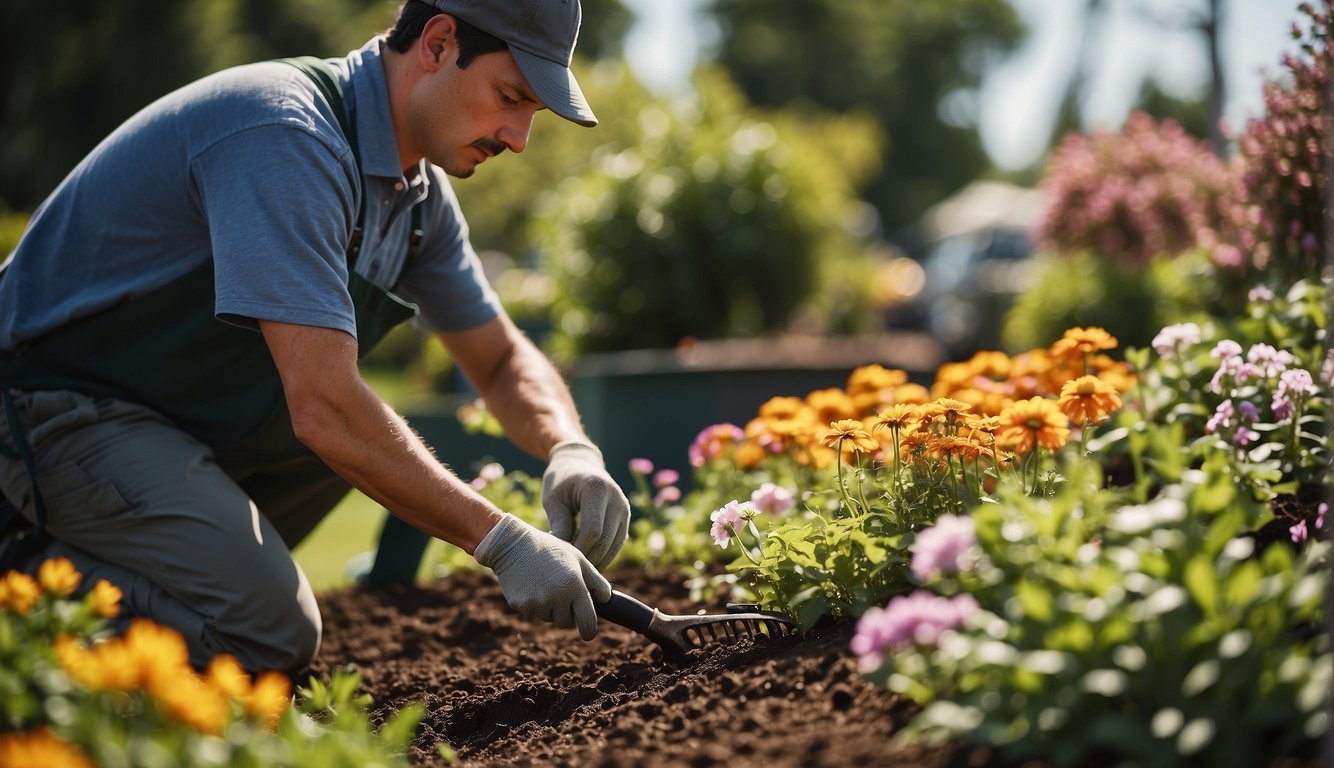 A landscaper tends to flower beds: weeding, mulching, and trimming. Tools and supplies nearby. Bright, sunny day
