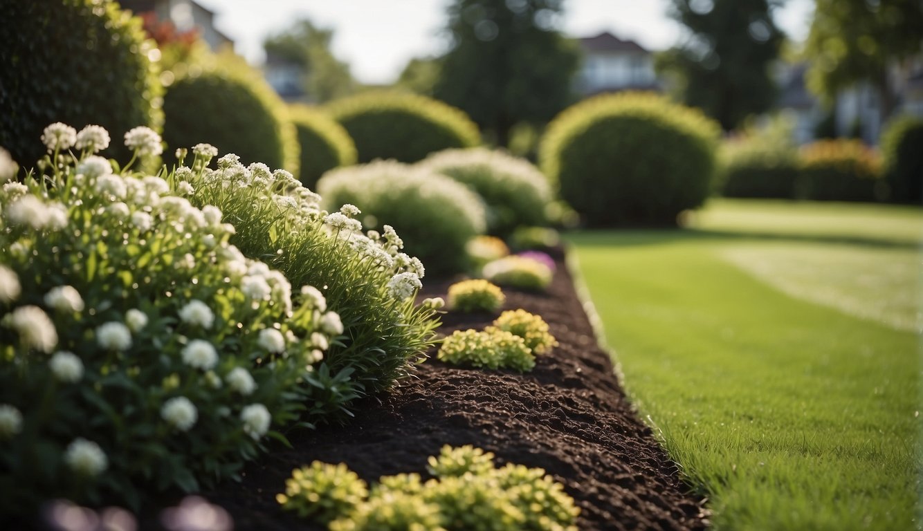 A neatly manicured lawn with trimmed hedges and flower beds, showcasing a mix of residential and commercial landscaping services