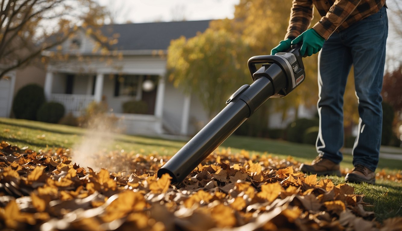 A person using a leaf blower to clear leaves from a yard, with a rake and leaf bags nearby. A truck with the landscaping company's logo is parked in the background