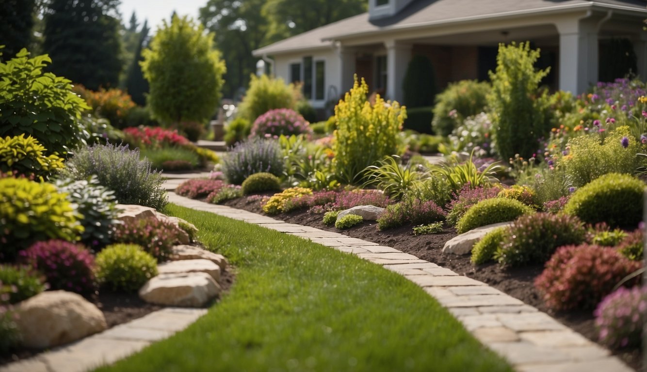 The hardscape and softscape are being meticulously maintained by a landscaping crew, with tools and equipment scattered around the vibrant garden beds and neatly trimmed walkways