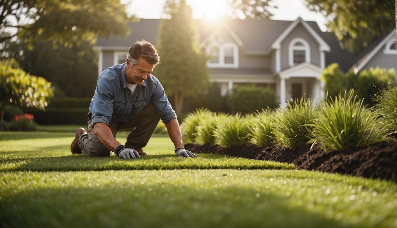 A landscaper measures a yard, calculates costs, and creates a budget for sod installation. Materials and labor are considered for the service page illustration