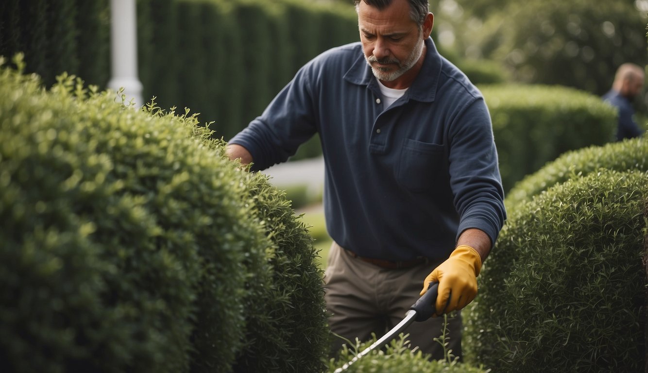 A landscaper carefully trims and prunes overgrown bushes and trees, shaping them into neat and tidy forms. Debris is cleared away, leaving a clean and well-maintained garden