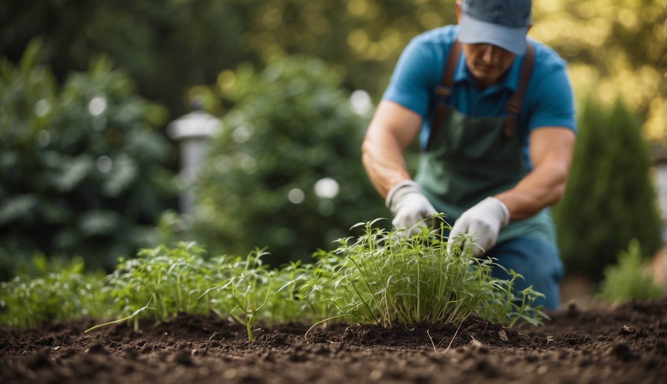 A landscaper uses eco-friendly methods to remove weeds from a garden, showcasing safe and sustainable options for weed control