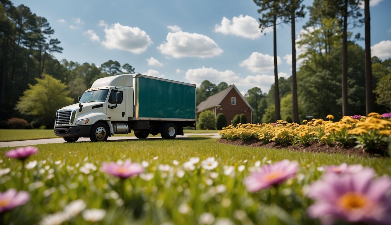 A sunny day in Brookwood, AL, with a neatly manicured lawn and vibrant flowers. A landscaping company's truck and equipment are visible in the background