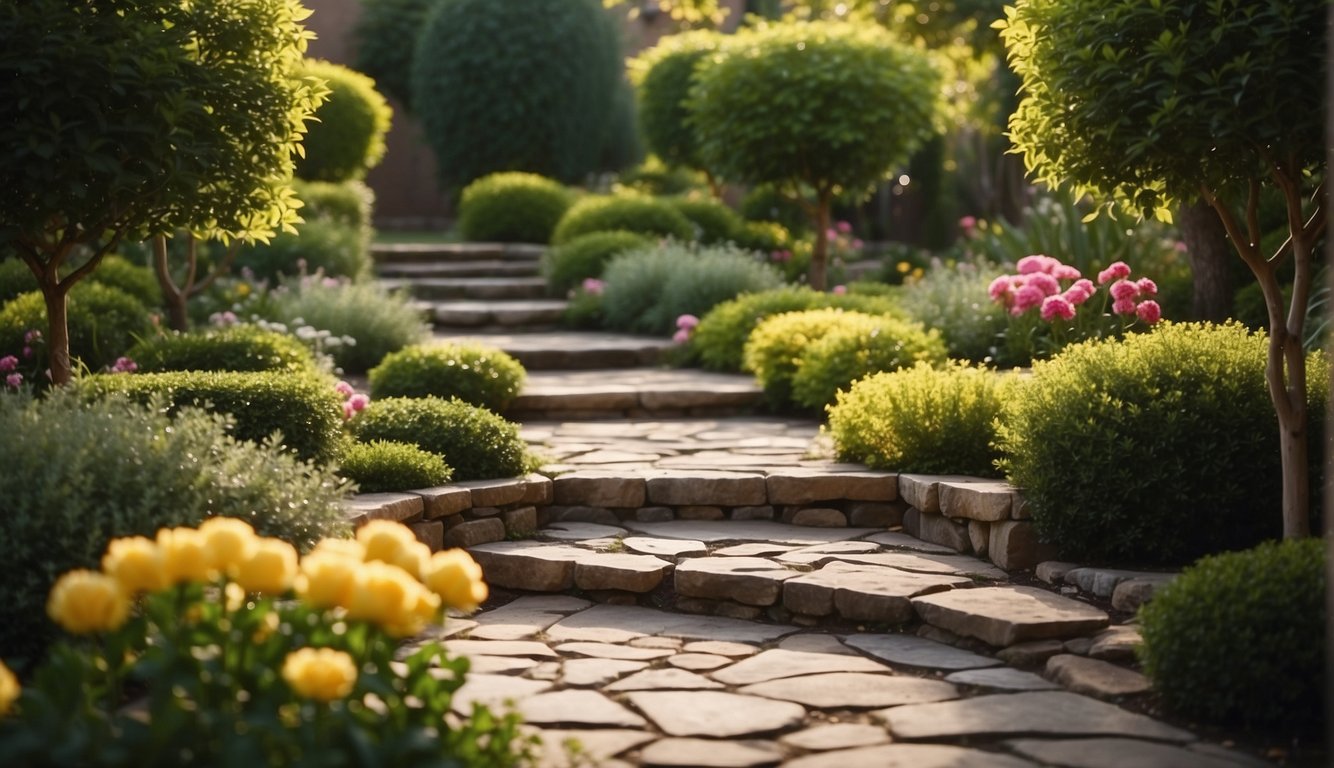 A serene backyard oasis with lush greenery, colorful flowers, and neatly trimmed hedges. A stone pathway leads to a cozy seating area, surrounded by carefully placed outdoor lighting