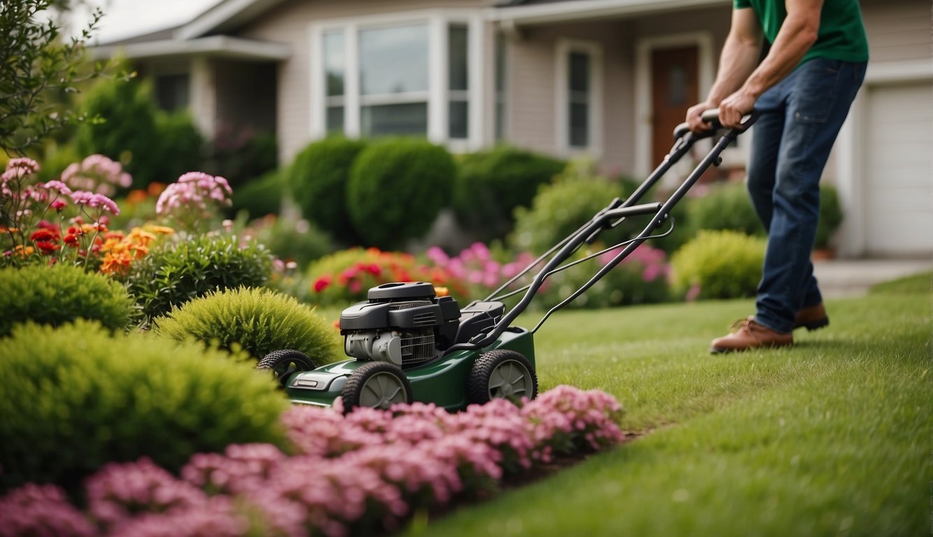 A landscaper mowing a lush green lawn in front of a tidy suburban home with colorful flowers and neatly trimmed bushes