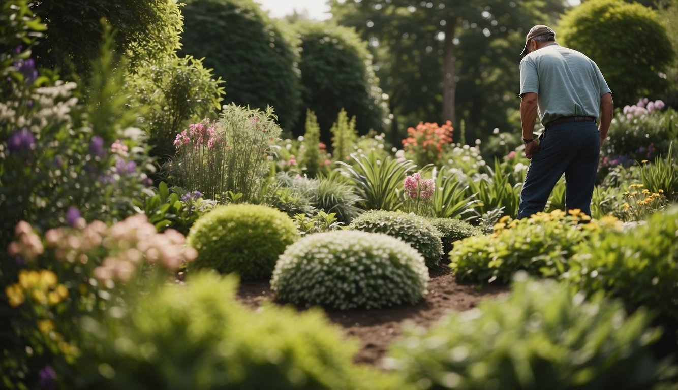A landscaper examines a lush green garden with a variety of plants and flowers, carefully grading and evaluating the quality of the landscaping work