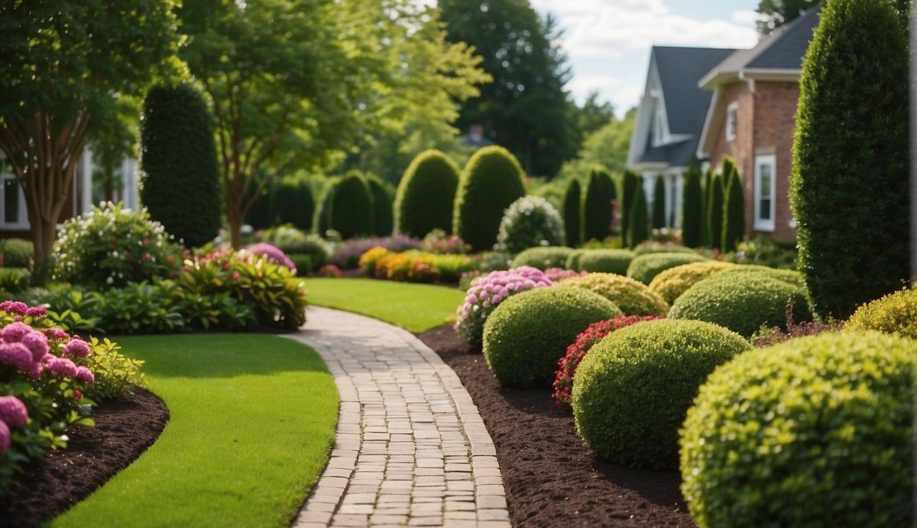 A lush green lawn with neatly trimmed hedges and colorful flower beds, surrounded by well-maintained trees and shrubs. A variety of landscaping tools and equipment are neatly organized in the background