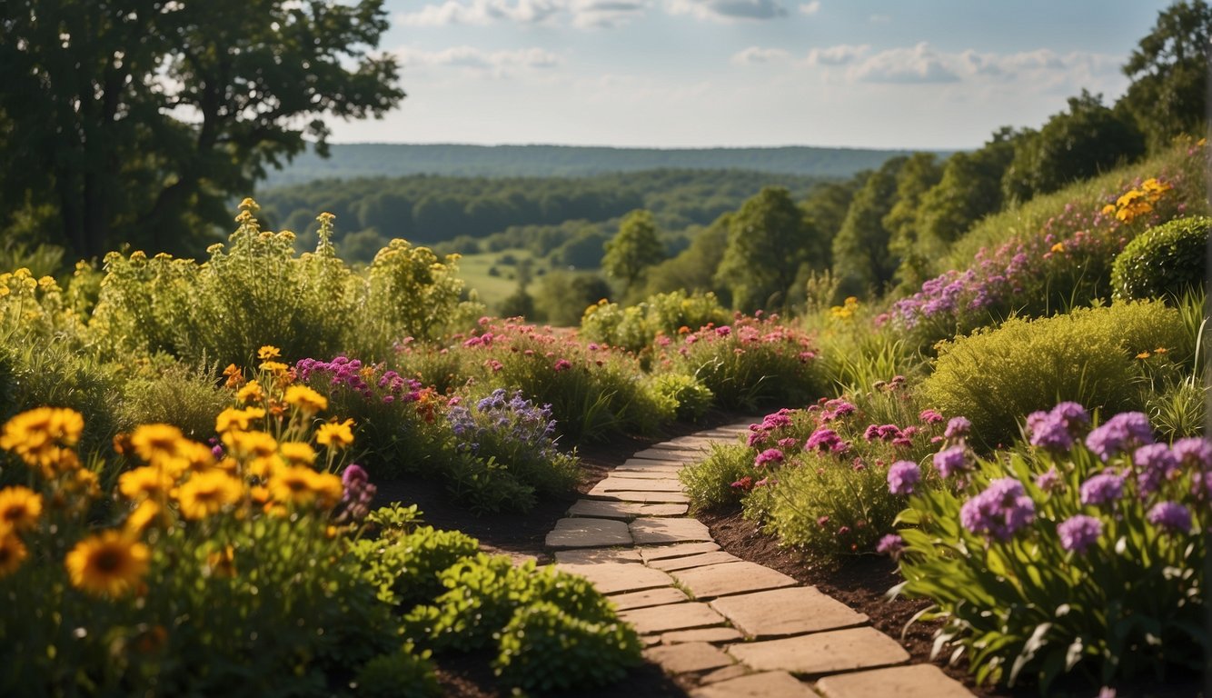 A vibrant landscape with rolling hills and lush greenery, accented by colorful flowers and well-maintained pathways, showcasing the expertise of a local landscaping company in Moundville, AL