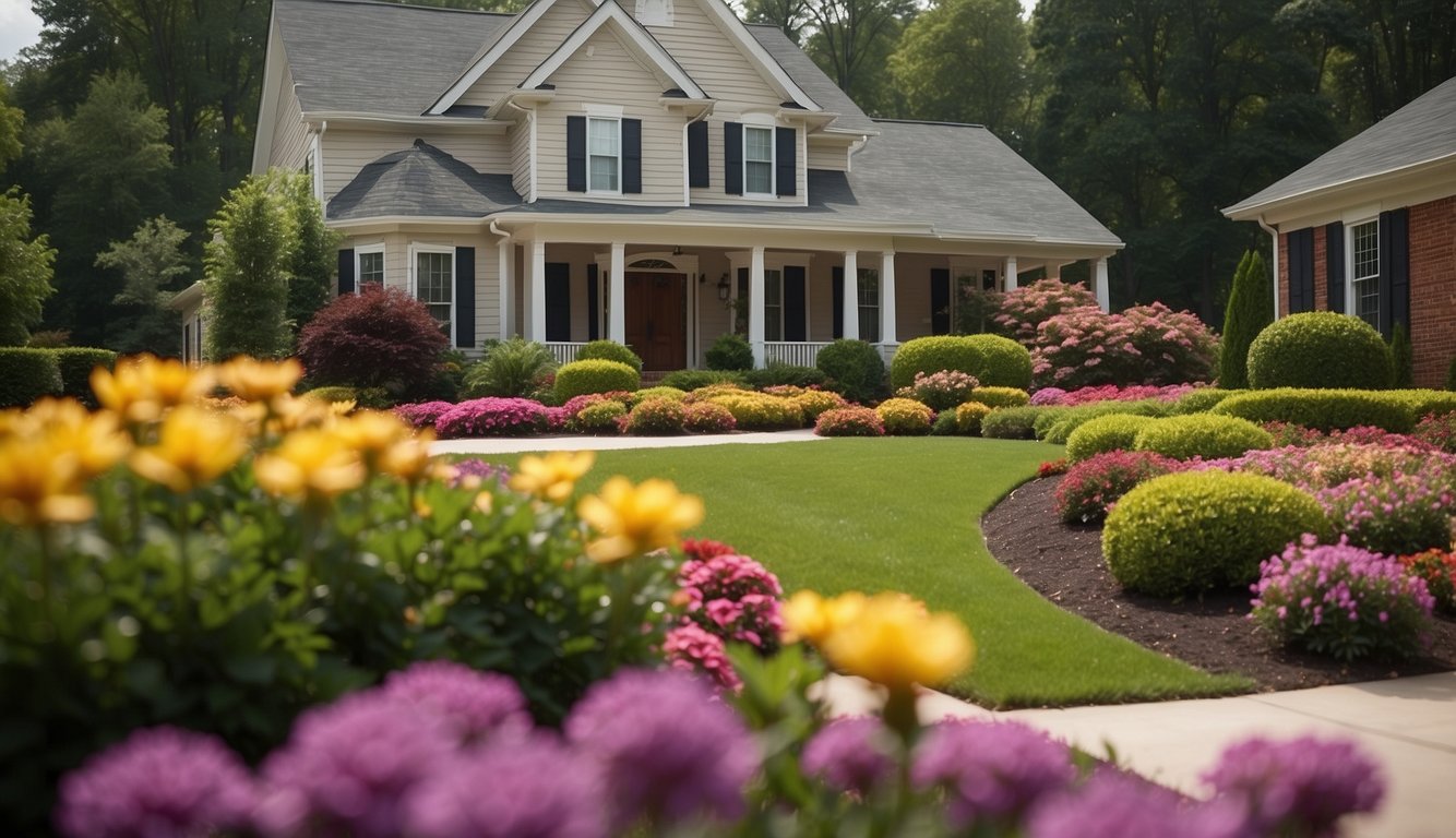 A neatly manicured lawn with vibrant flowers and trimmed hedges, showcasing the work of a professional landscaping company in Northport, AL