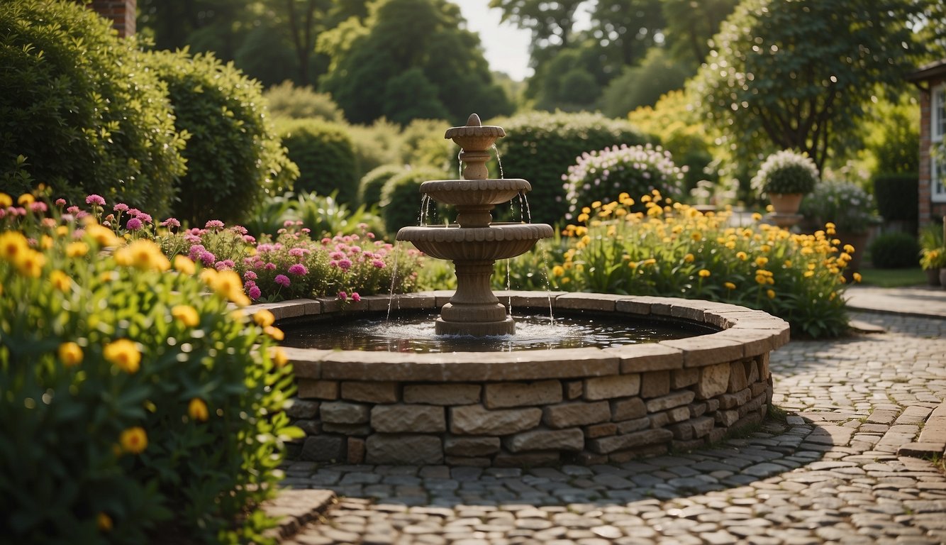 A lush green garden with colorful flowers, neatly trimmed hedges, and a stone pathway leading to a quaint patio area. A small fountain adds a touch of tranquility to the scene