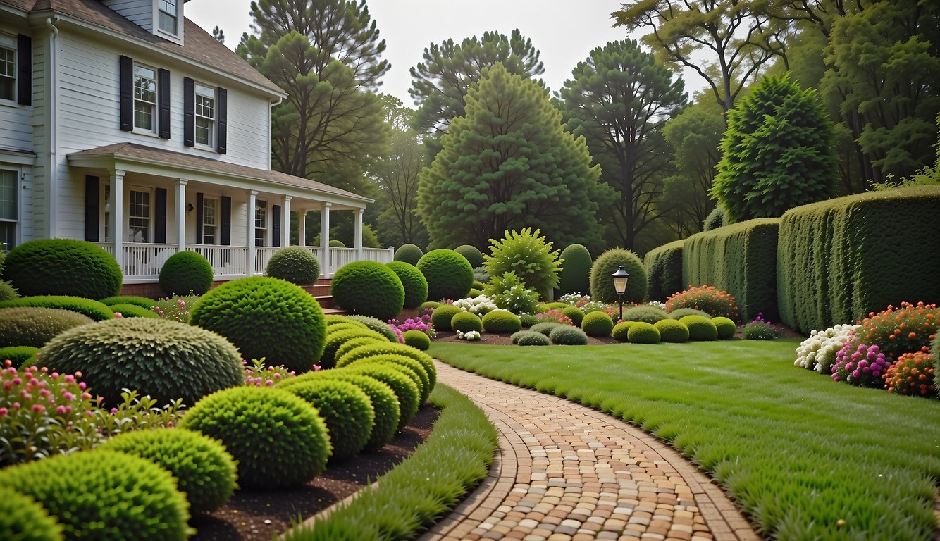 A lush green garden with neatly trimmed hedges and colorful flowers, a neatly mowed lawn, and a well-maintained pathway leading to a charming house in Northport, AL