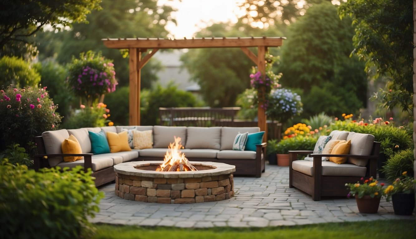 A spacious backyard with a well-manicured lawn, surrounded by lush greenery and colorful flowers. A cozy seating area with a fire pit and a pergola provides a perfect spot for outdoor relaxation