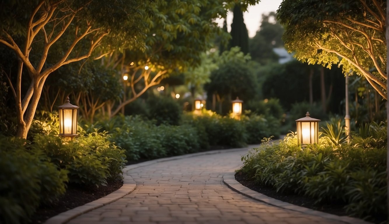 A well-lit pathway winds through a lush garden, highlighting the beauty of the carefully manicured plants and trees. Subtle uplighting accents the architectural features of the property, creating a warm and inviting atmosphere