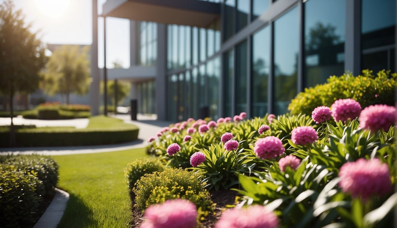 A vibrant green lawn stretches out in front of a modern landscaping company office, with neatly trimmed bushes and colorful flowers lining the entrance