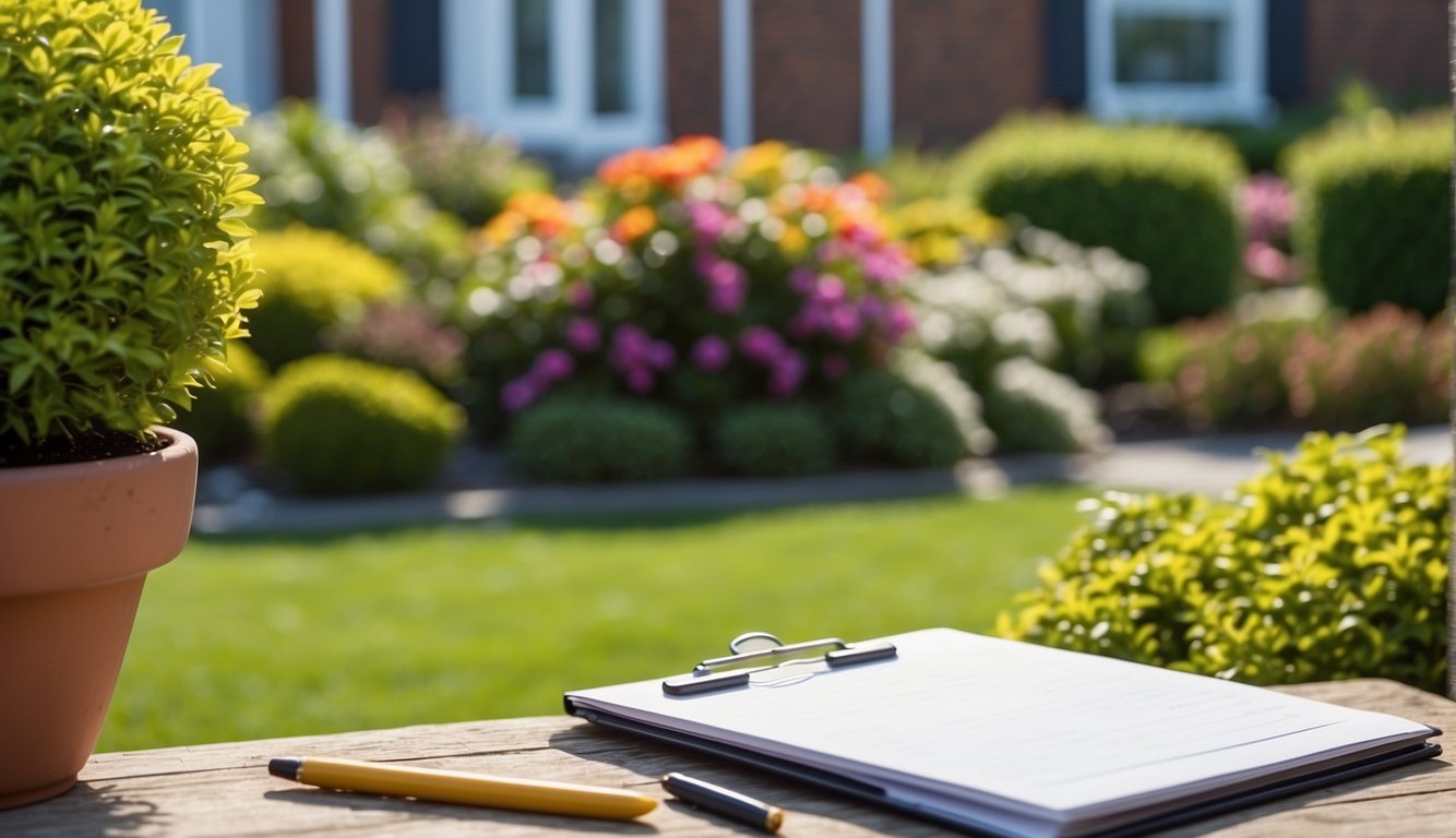 A landscaped yard with neatly trimmed hedges, colorful flowers, and a well-maintained lawn. A clipboard with project details and a grading scale is visible