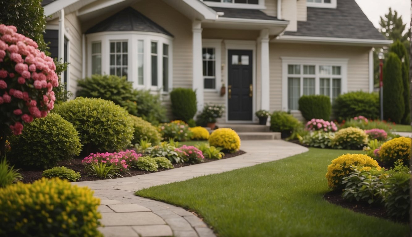 A well-maintained front yard with vibrant flowers, manicured lawns, and neatly trimmed bushes. A pathway leads to a welcoming front door of a cozy suburban home