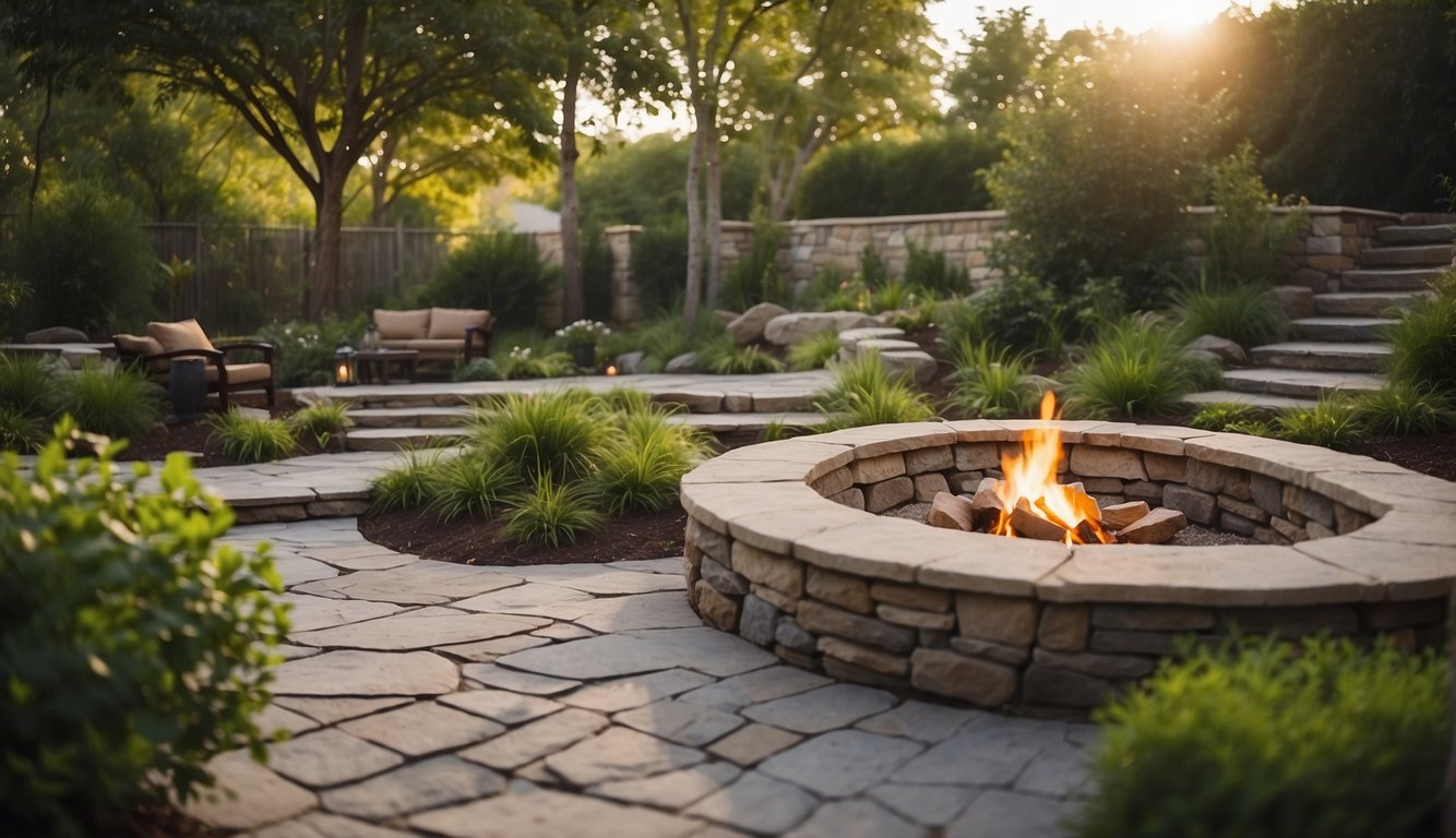 A landscaped backyard with stone pathways, a patio with a fire pit, and a decorative retaining wall surrounded by lush greenery