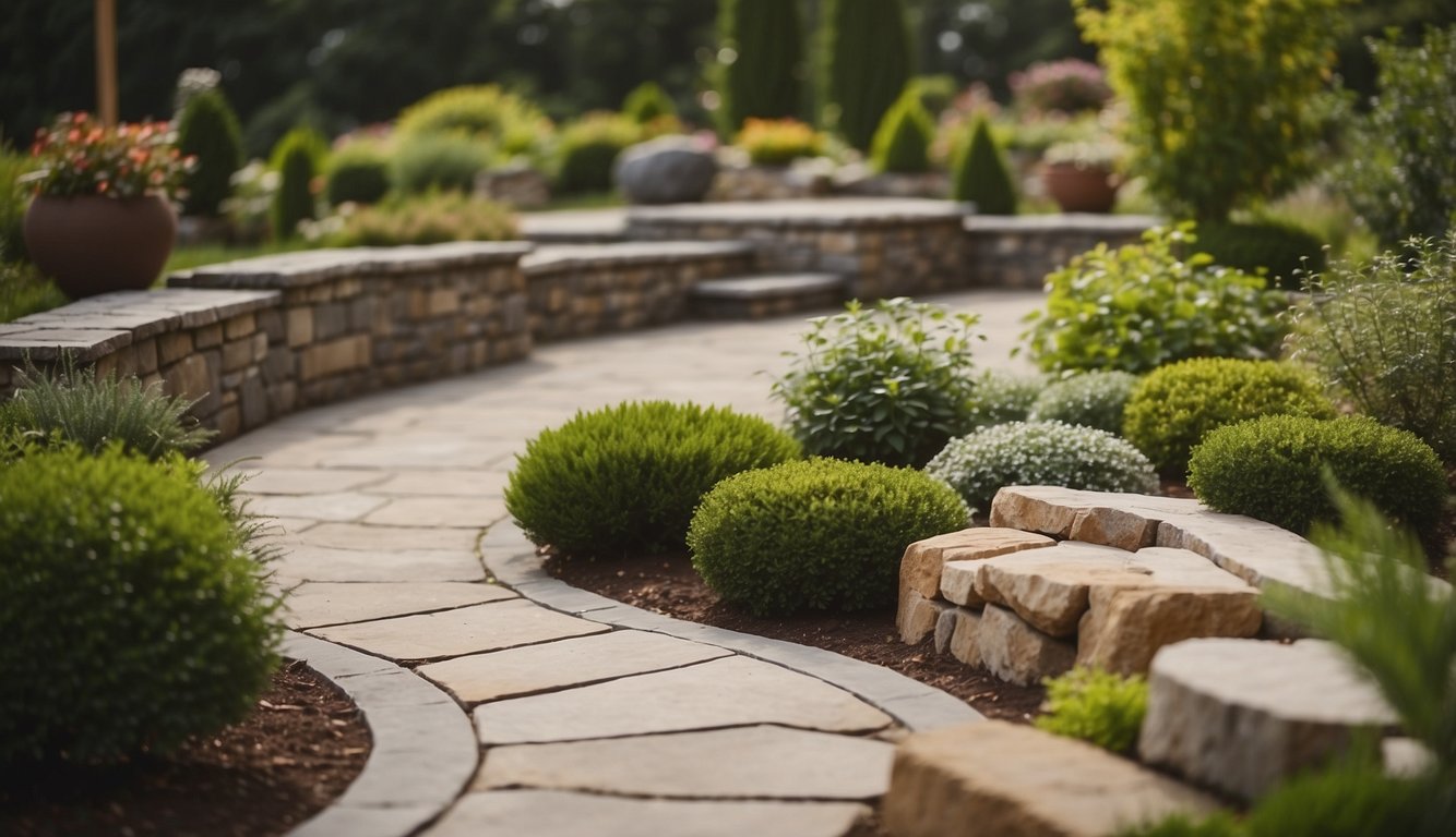 A landscaped yard with stone pathways, a patio with outdoor furniture, and a retaining wall with decorative stone accents