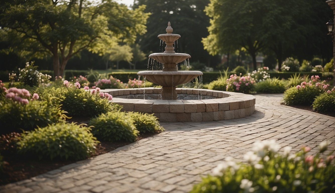 A landscaper lays pavers in a neat pattern, surrounded by lush greenery and blooming flowers. A tranquil fountain adds a touch of elegance to the hardscaping design