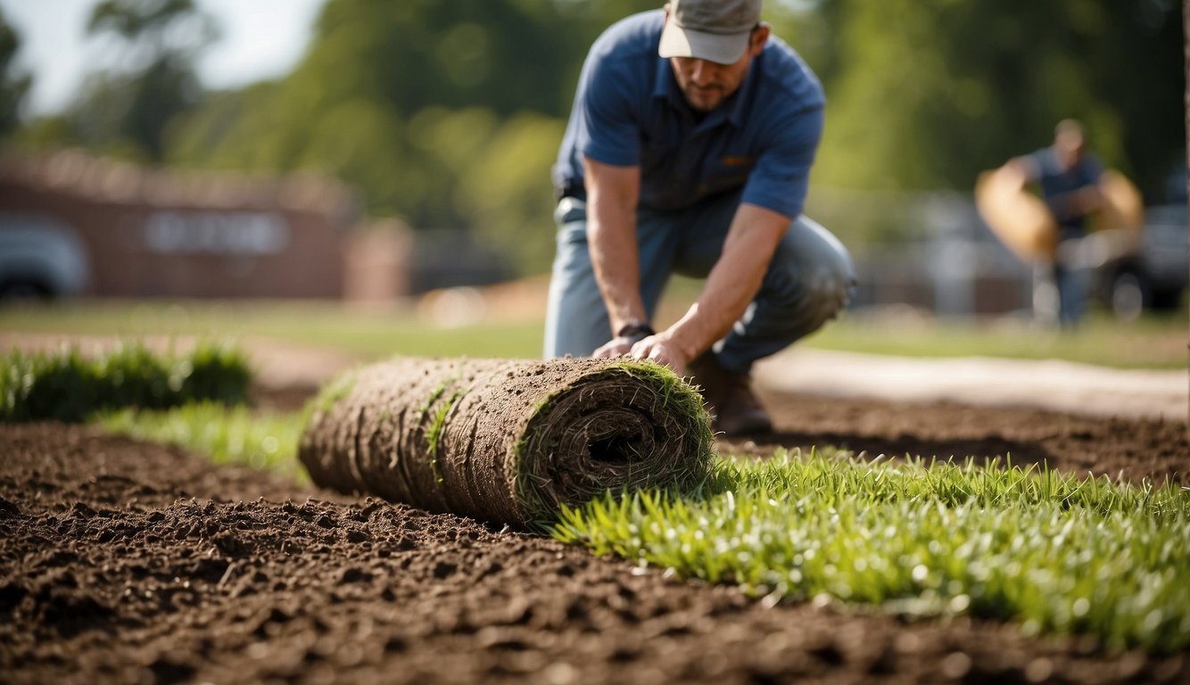 A landscaper unrolls fresh sod over prepared soil in Tuscaloosa, AL. They carefully lay each piece, ensuring a seamless and even installation