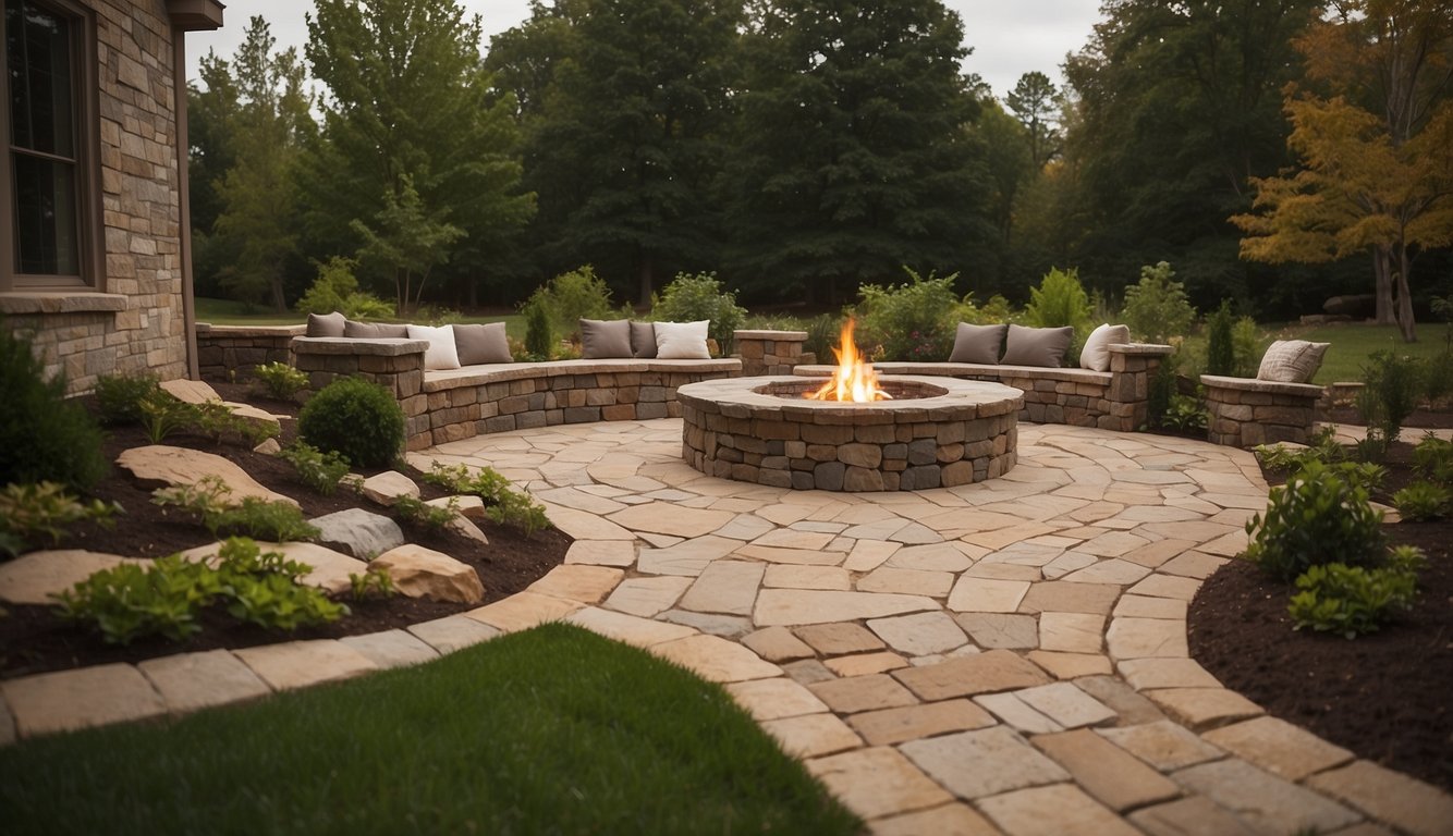 A Tuscaloosa hardscaping scene: Stone pathways wind through a garden, leading to a patio with a fire pit. Retaining walls and decorative boulders frame the space
