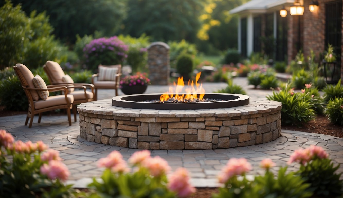 A Tuscaloosa hardscape features a stone patio with a fire pit, surrounded by lush greenery and colorful flowers, accented by decorative pavers and a bubbling water feature