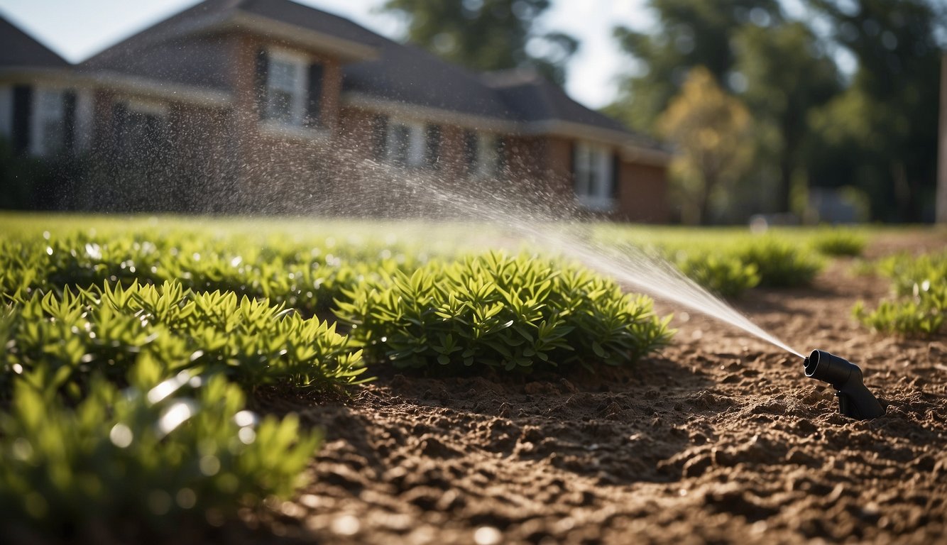 A landscaped yard with a sprinkler system being installed or repaired by a professional in Tuscaloosa, AL