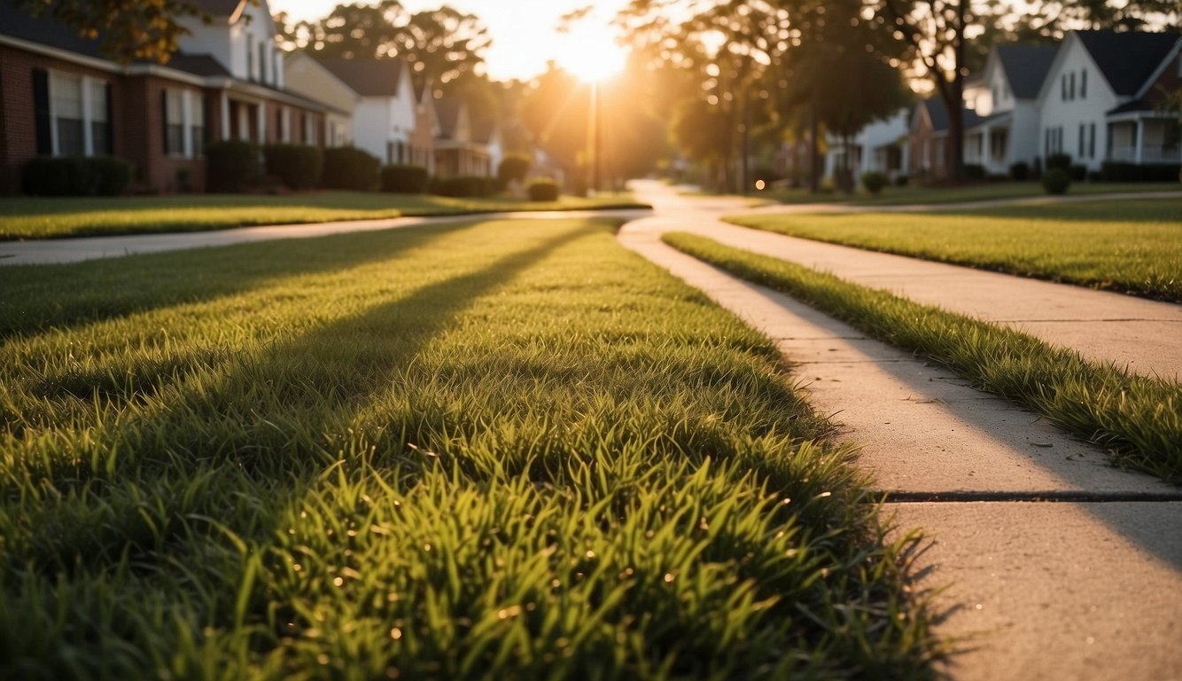 The sun sets behind rows of houses, casting long shadows over the freshly cut grass and neatly lined driveways in Tuscaloosa, AL