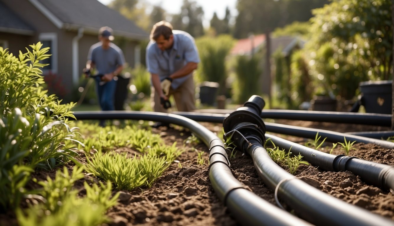 A landscaped yard with various irrigation systems installed, including sprinklers, drip lines, and soaker hoses. A technician is repairing a broken pipe while another worker is installing a new system