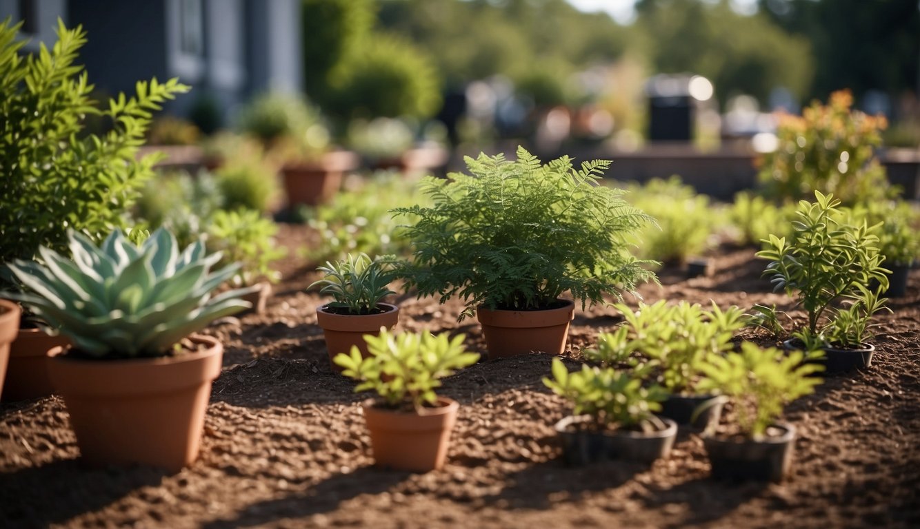 A wide variety of plants and trees are being carefully planted and installed in a landscaped area in Tuscaloosa, AL