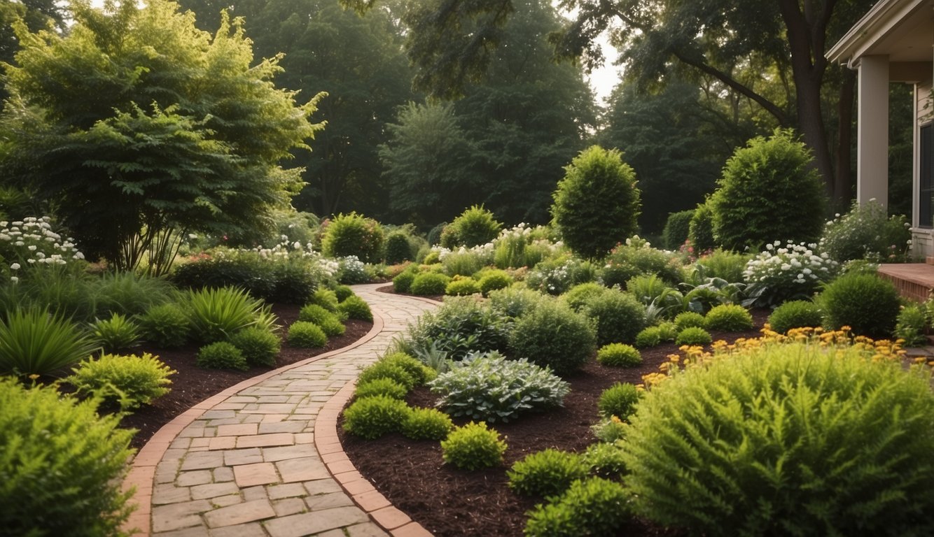 A lush green garden with various plants and flowers, neatly arranged in a residential yard in Tuscaloosa, AL. A small pathway leads through the garden, surrounded by carefully manicured shrubs and trees