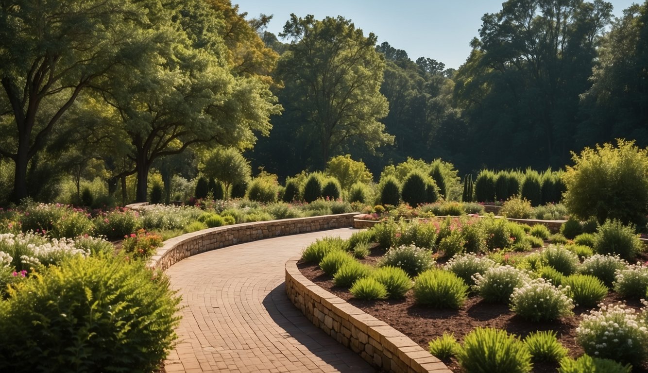 A lush green garden with neatly arranged flower beds and trees, surrounded by a backdrop of rolling hills and a clear blue sky in Tuscaloosa, AL
